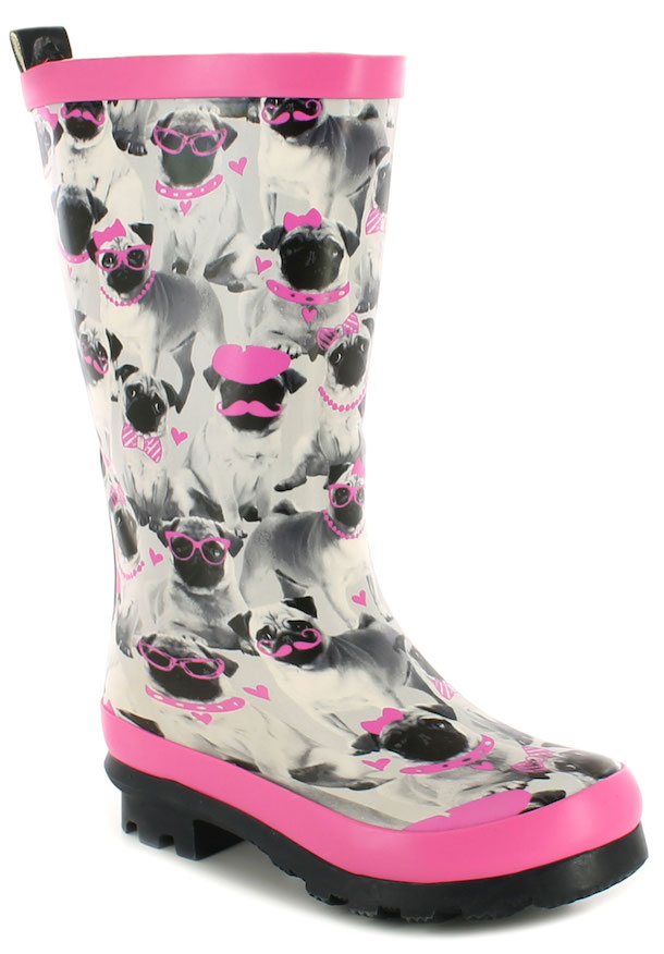 Pink accent wellington boots with pug print