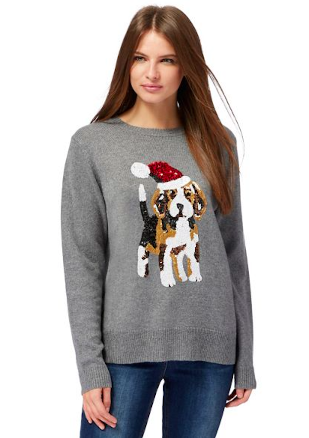 grey sweater with a beagle in sequins and christmas hat