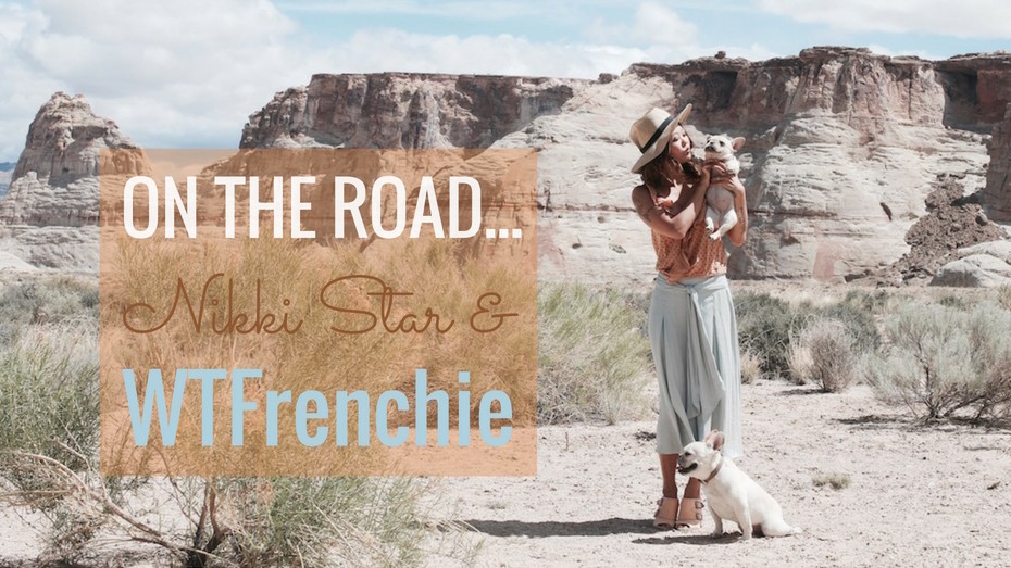 Beautiful woman holding up a French Bulldog with another at her feet against a dramatic rock background in Utah